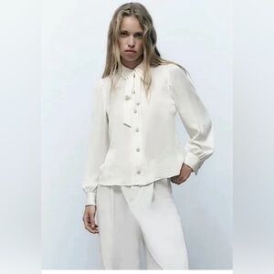 ZARA Satin Effect Cream Tie Blouse with Pearl Buttons.
